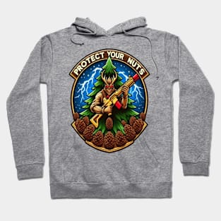 Fierce Cartoon Squirrel Defending Pine Cones With a Toy Gun Amidst Lightning Hoodie